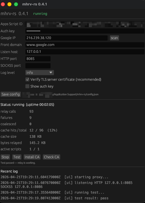 mhrv-rs desktop UI showing config form, live traffic stats, Start/Stop/Test buttons, and log panel